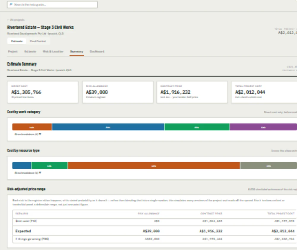 Estimate summary with direct cost, risk allowance, contract price and a risk-adjusted price range